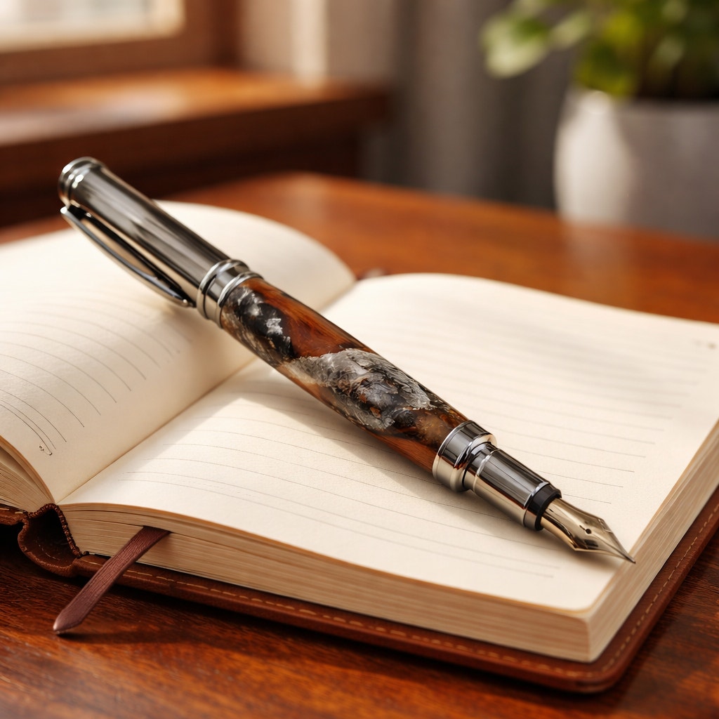 Hand Turned Fountain Pen with Silver Accents, epoxy barrel with silver flake and grapevine, includes ink pump and cartridge, handmade gift