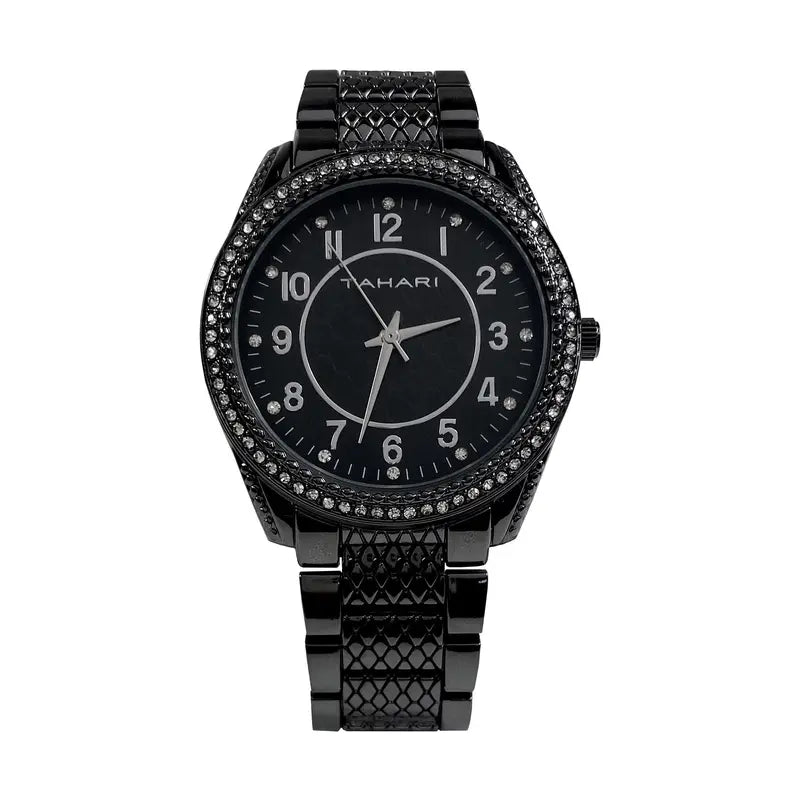 Tahari Crystal Bezel Black Dial Silver Watch