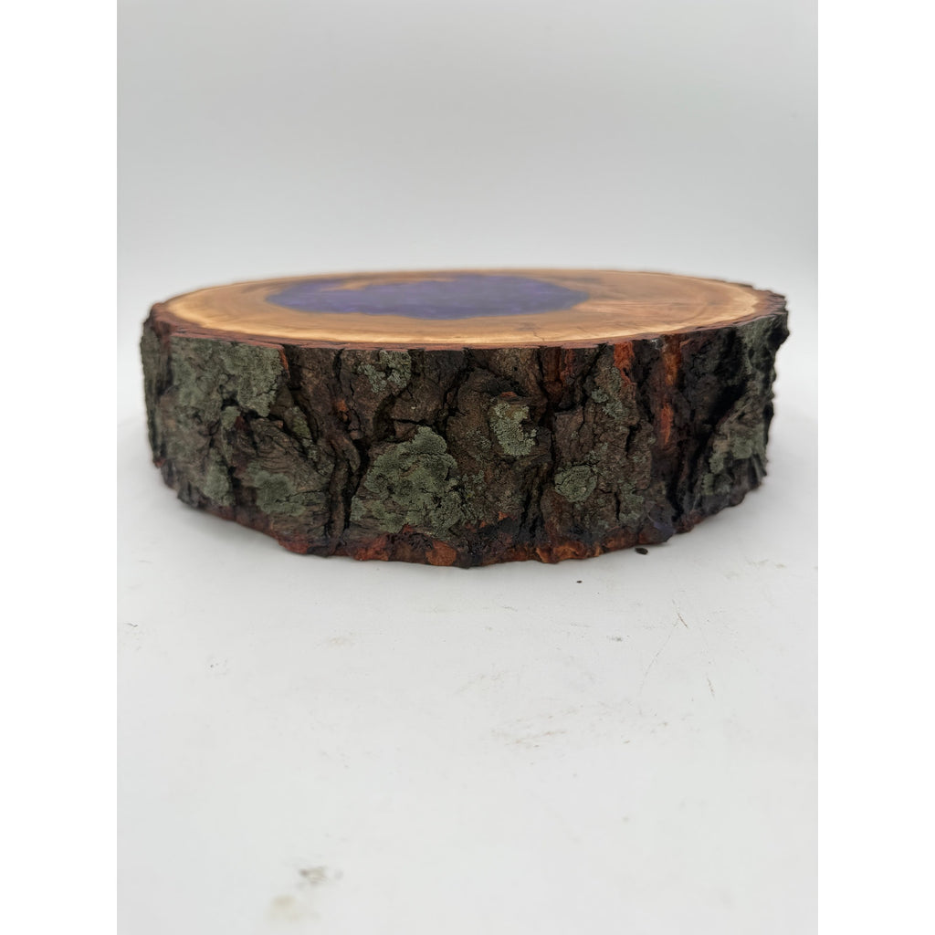 Hollow Cherry Log Charcuterie Board, Purple Epoxy Accents, Natural Bark Edge, 13x12x3, SKU 1416