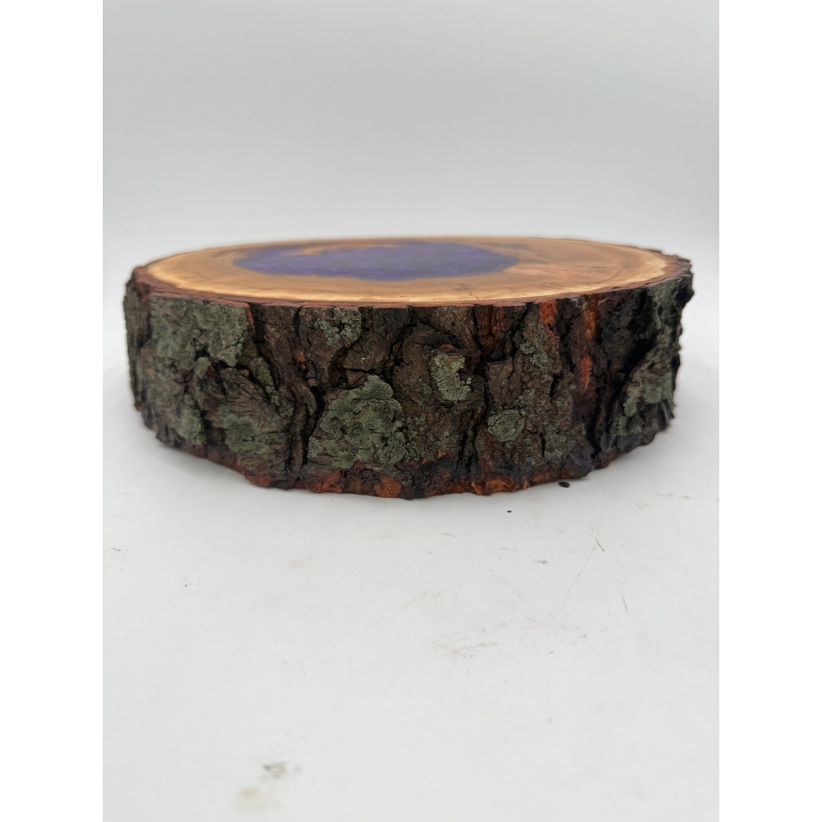 Hollow Cherry Log Charcuterie Board, Purple Epoxy Accents, Natural Bark Edge, 13x12x3, SKU 1416