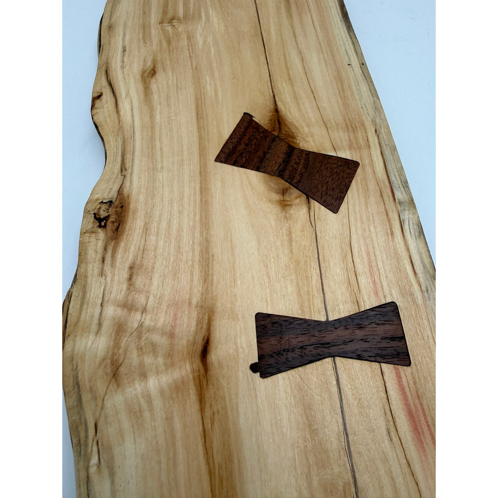 Live Edge Red Box Elder Charcuterie Board, walnut bow tie inlays, black wrought iron handles, 27.5 x 9 x .75, handmade, food safe