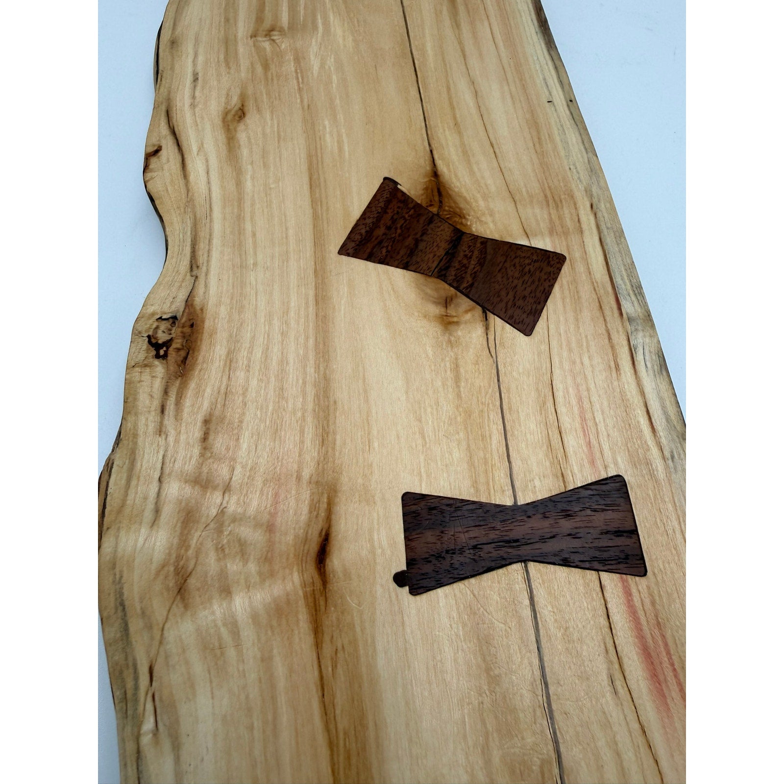 Live Edge Red Box Elder Charcuterie Board, walnut bow tie inlays, black wrought iron handles, 27.5 x 9 x .75, handmade, food safe