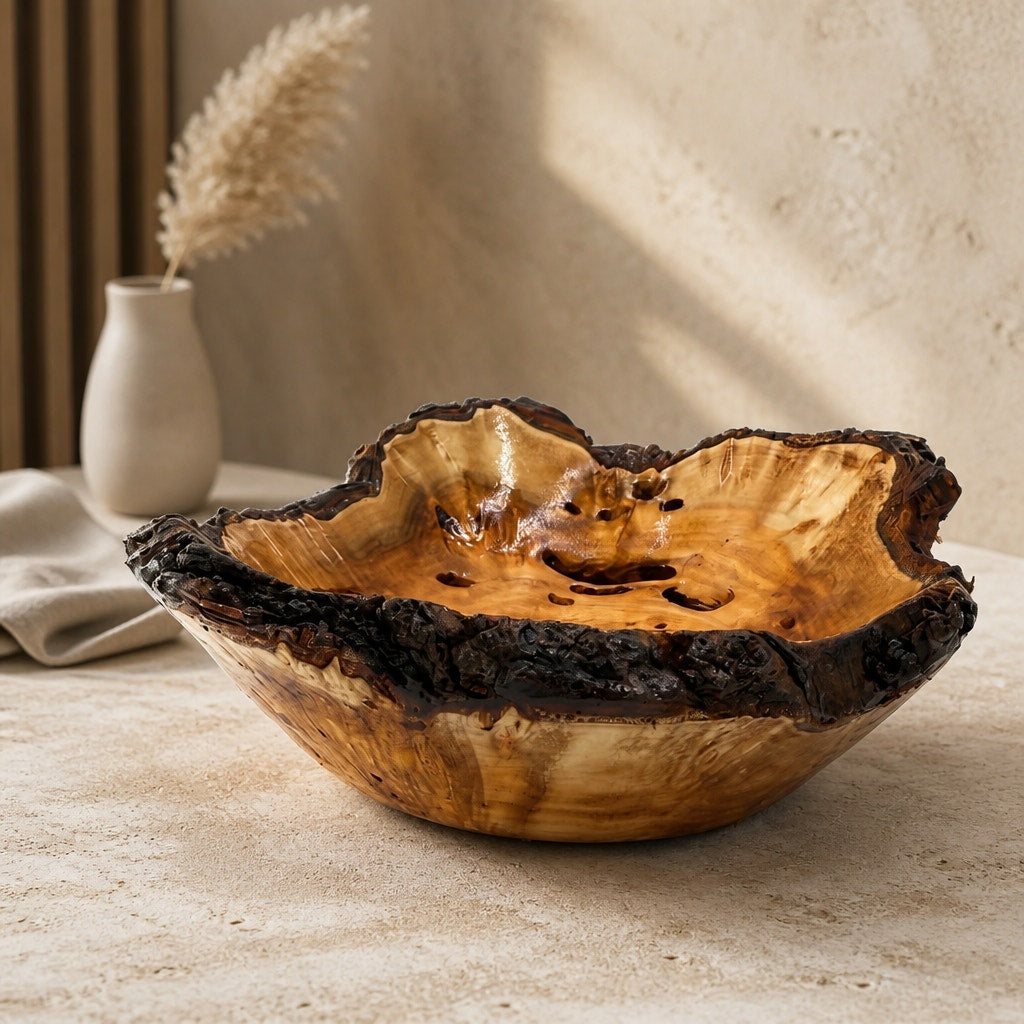 Live Edge Willow Burl Hand Turned Bowl, decorative centerpiece, 7" x 3" size, natural bark rim, handcrafted wood art