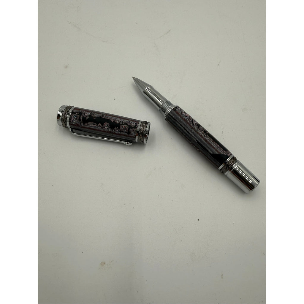 One of a Kind Fordite Barrel Rollerball Pen, handmade artisan pen, silver details, refillable ink, professional writing tool