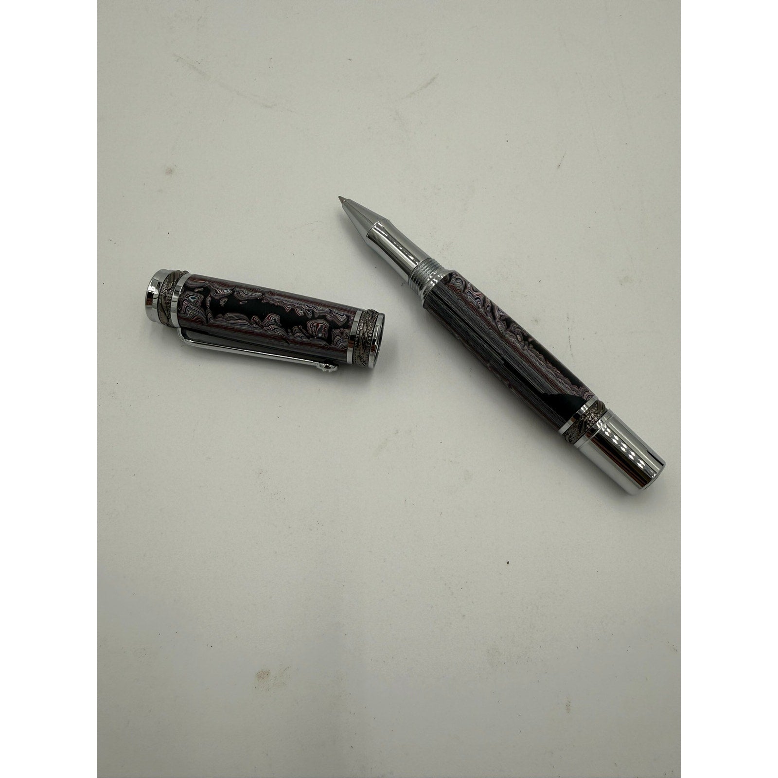 One of a Kind Fordite Barrel Rollerball Pen, handmade artisan pen, silver details, refillable ink, professional writing tool