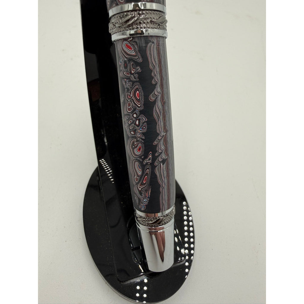 One of a Kind Fordite Barrel Rollerball Pen, handmade artisan pen, silver details, refillable ink, professional writing tool