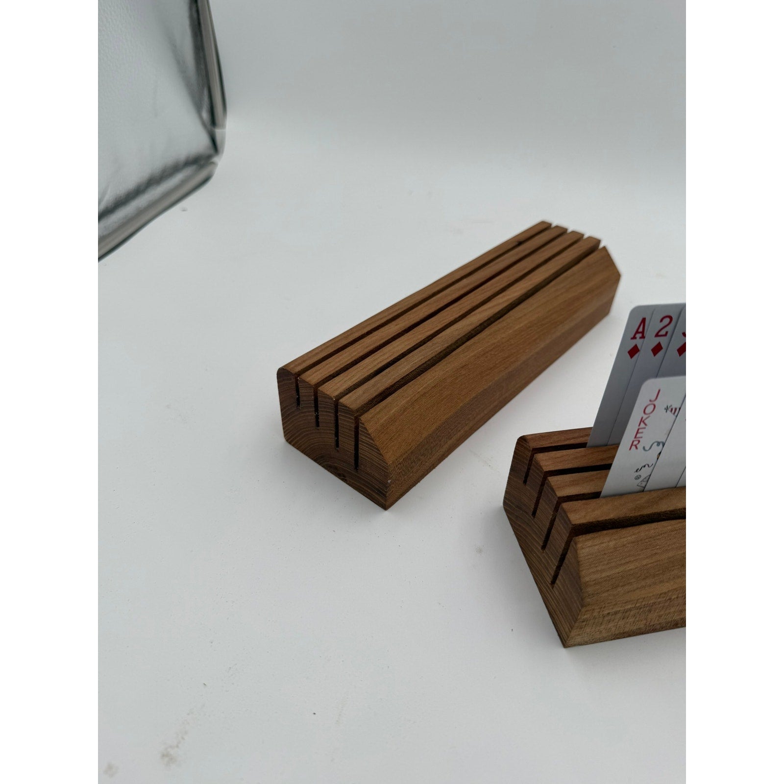 Handcrafted Wooden Playing Card Holder rack, 4-7 slot organizer, tabletop game accessory, bridge and poker aid