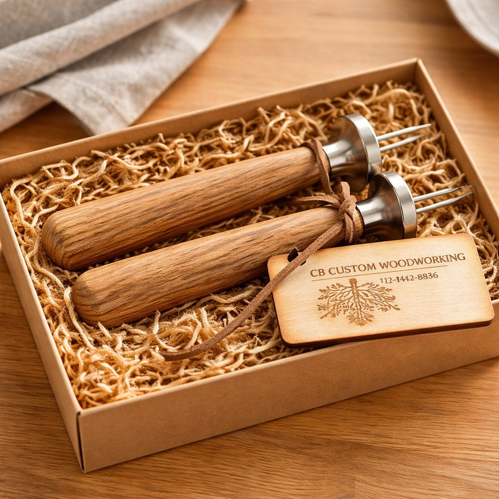 Hand Turned Sweet Corn Holders with Wood Handles, stainless steel prongs, hardwood options, durable kitchen tool, gift boxed
