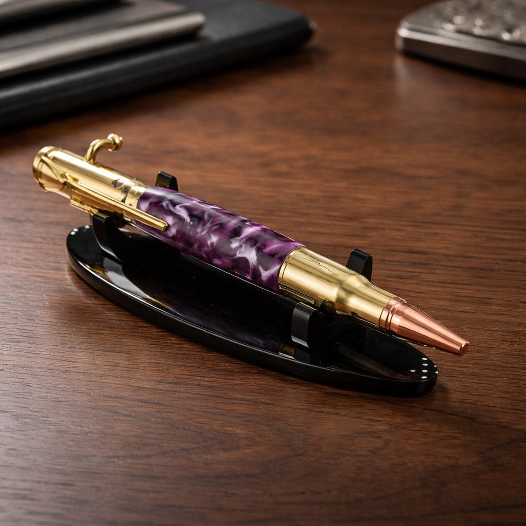 Purple Hand Turned Executive Rollerball Pen, epoxy barrel, smooth gel ink, gold hardware, gift boxed