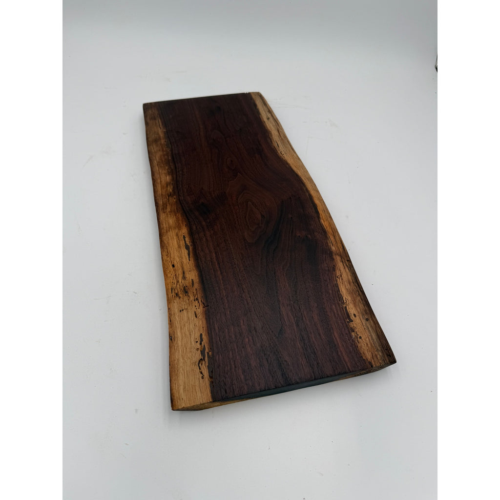 Live Edge Walnut Charcuterie Board Platter, rich dark coloring, intricate grain pattern, handcrafted, 18x8x1.1 in
