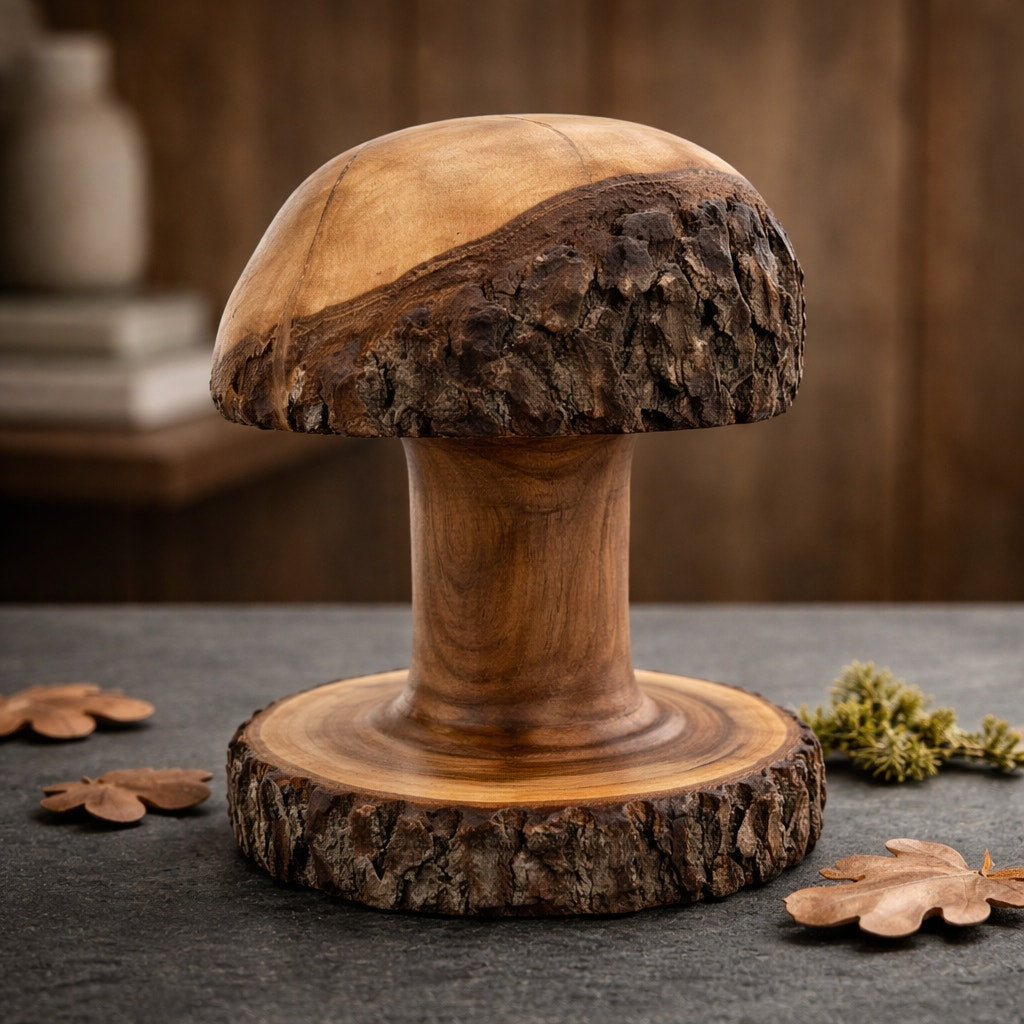 Live Edge Walnut Mushroom Tabletop Ornament, artisan woodturning, bark-on base and cap, natural walnut, 7" diameter, 9.5" height (SKU 1254)
