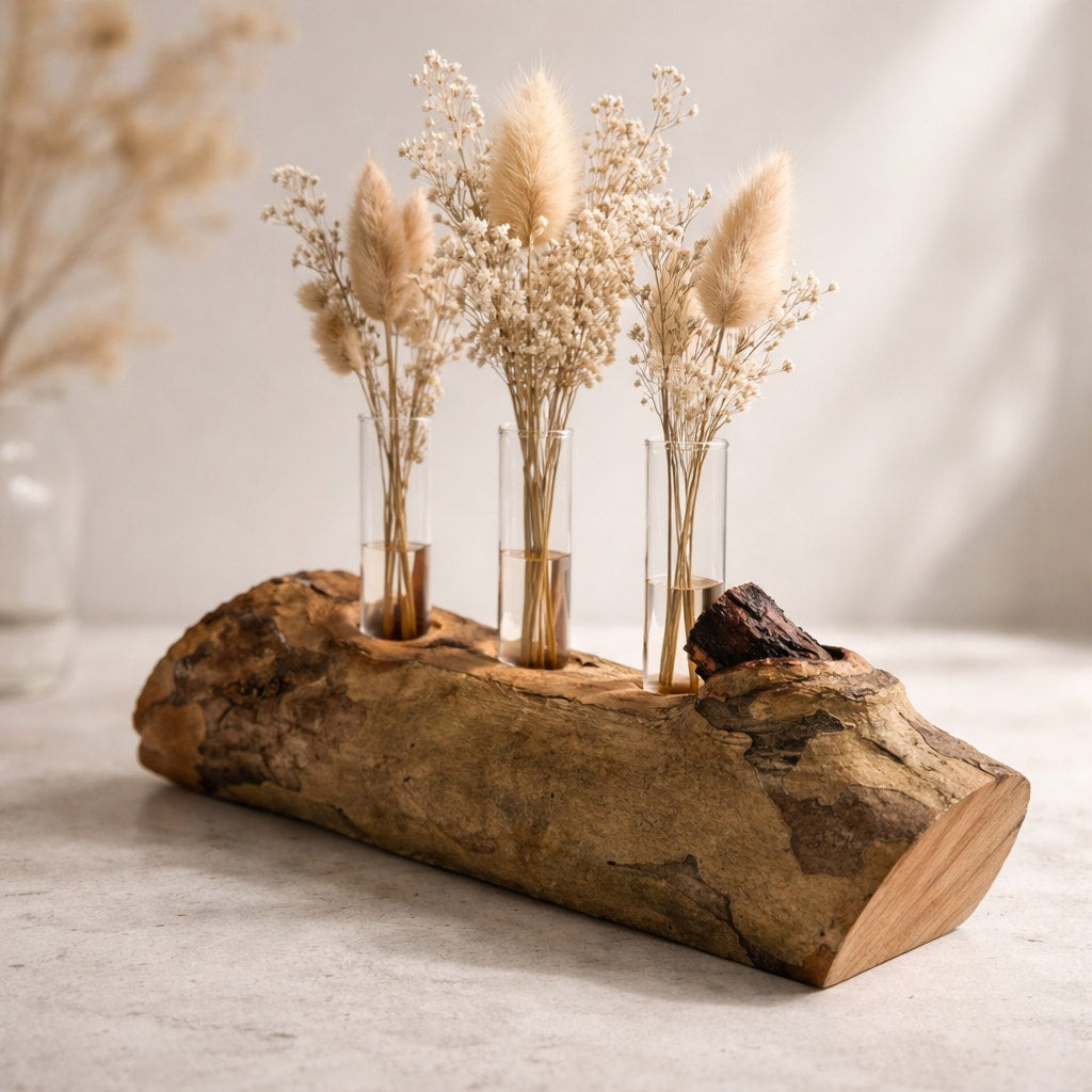 Rustic Log Propagation Station with Glass Tubes, bud vase display, rooted cuttings holder, dried flower centerpiece, farmhouse decor