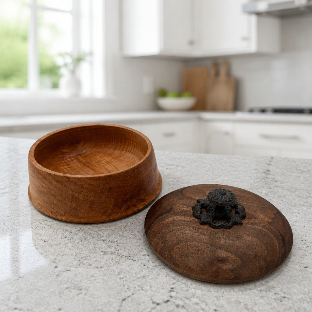 Figured Maple Turned Bowl with Lid, Walnut Top, Wrought Iron Handle, SKU 1464