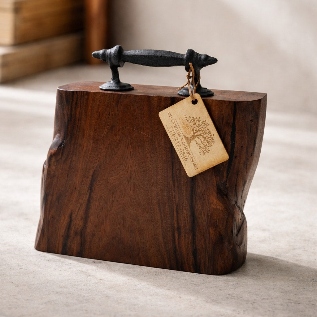 Heirloom Walnut Charcuterie Board with Handle, live edge serving tray, wrought iron handle, 13.75 x 14 x 1.75, thick substantial, functional