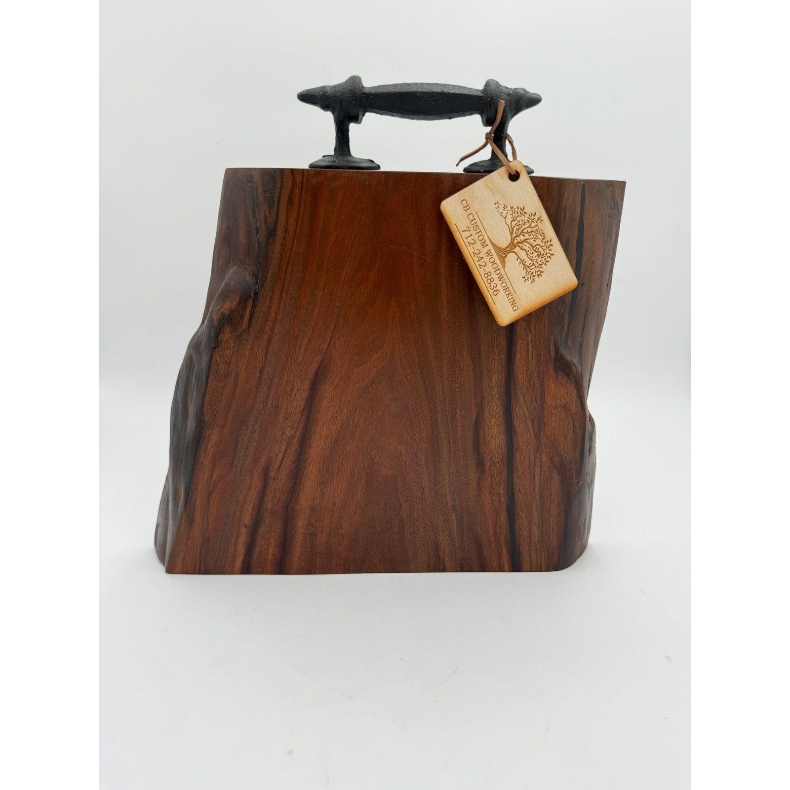 Heirloom Walnut Charcuterie Board with Handle, live edge serving tray, wrought iron handle, 13.75 x 14 x 1.75, thick substantial, functional