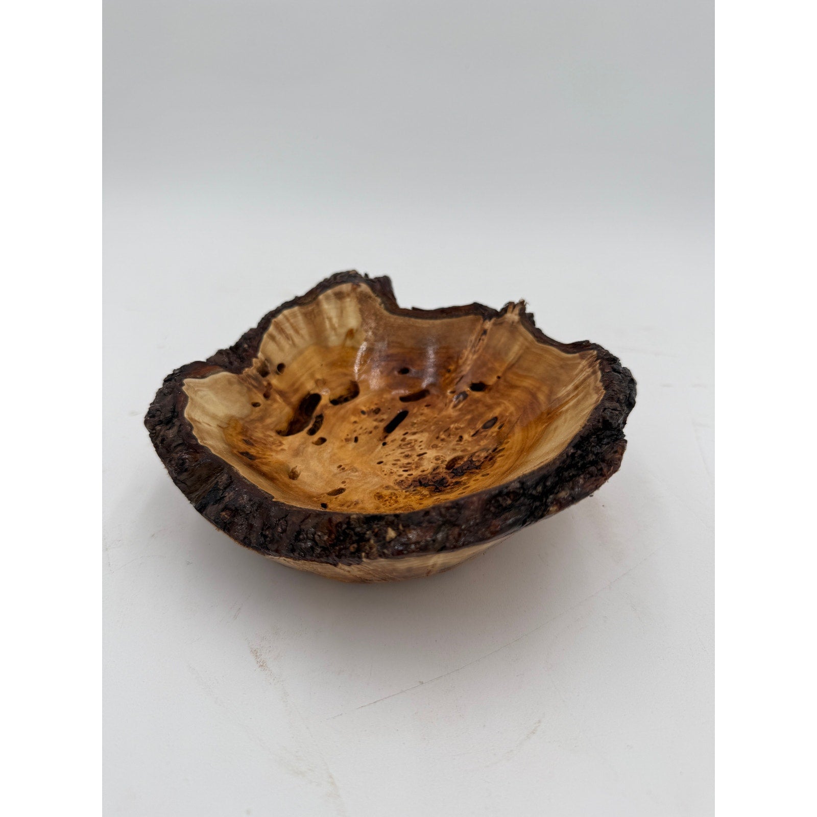Live Edge Willow Burl Hand Turned Bowl, decorative centerpiece, 7" x 3" size, natural bark rim, handcrafted wood art