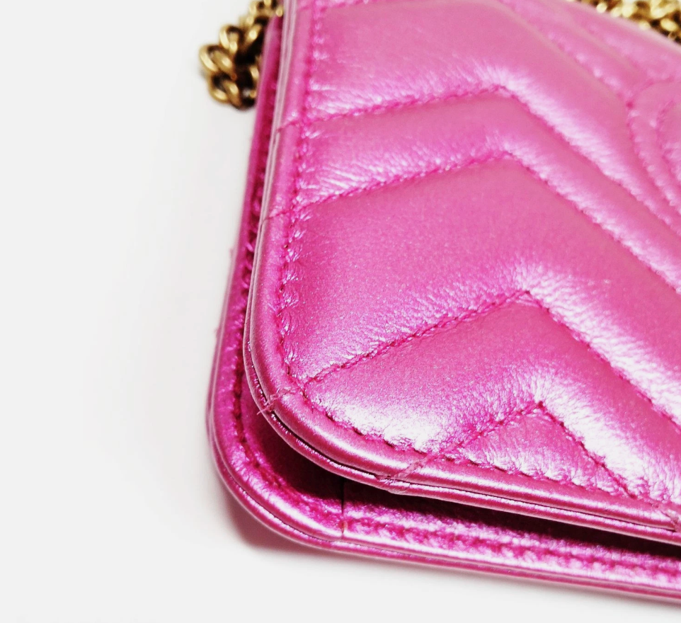 Gucci Marmont Wallet on Chain - Metallic Pink with Red Crystal GG Heart