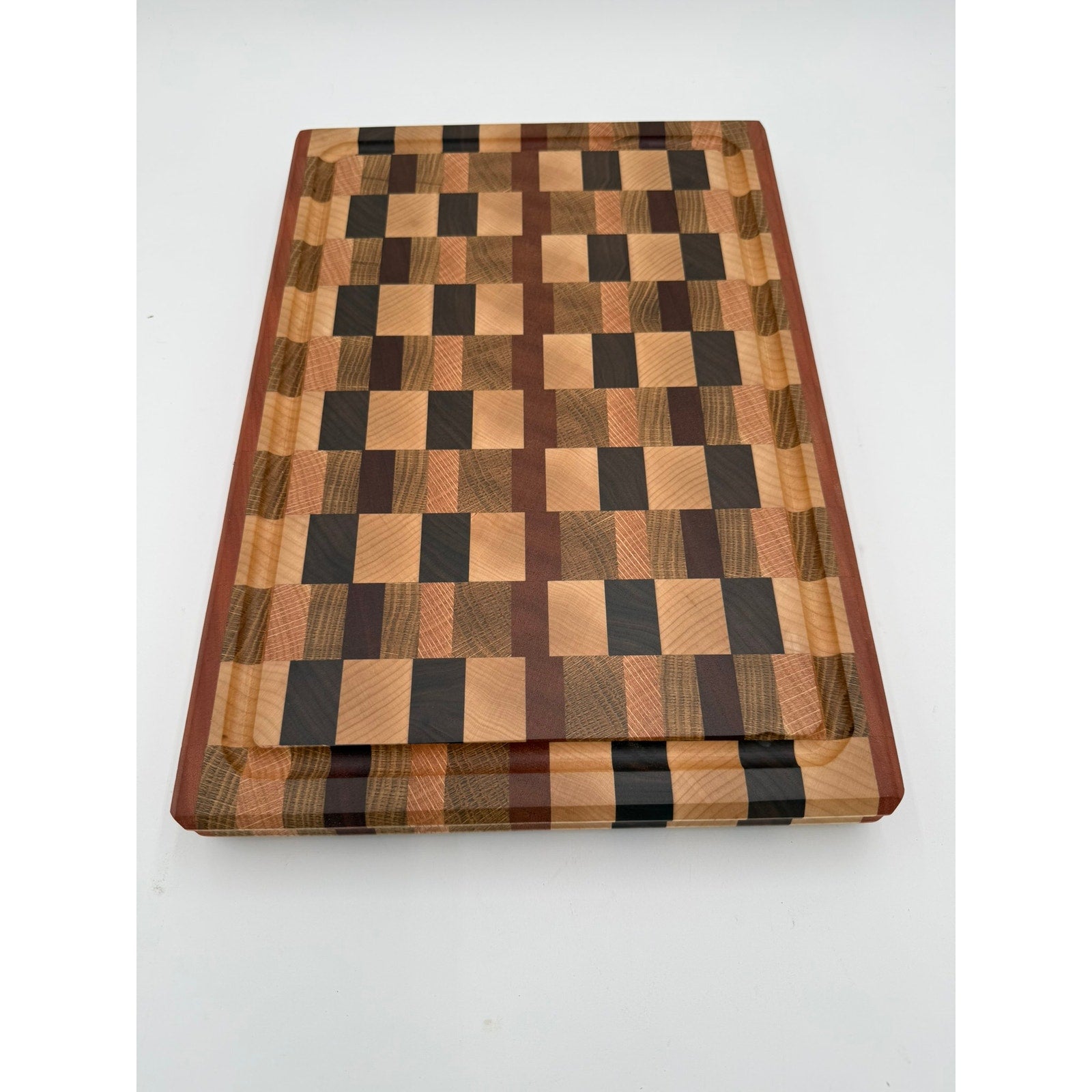 Premium End Grain Cutting Board Handmade, 16.5 x 11.5 x 1.75, mixed hardwoods, juice groove, finger grips, brass feet, gift ready