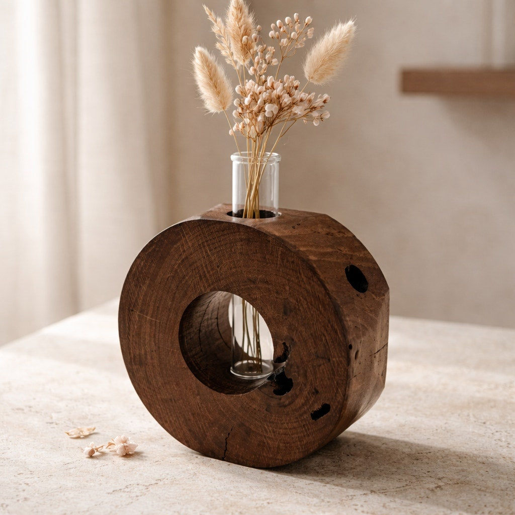 Handcrafted Wood Propagation Station Vase, 6 x 2.5 in, glass tube bud vase, propagate cuttings, display dried florals