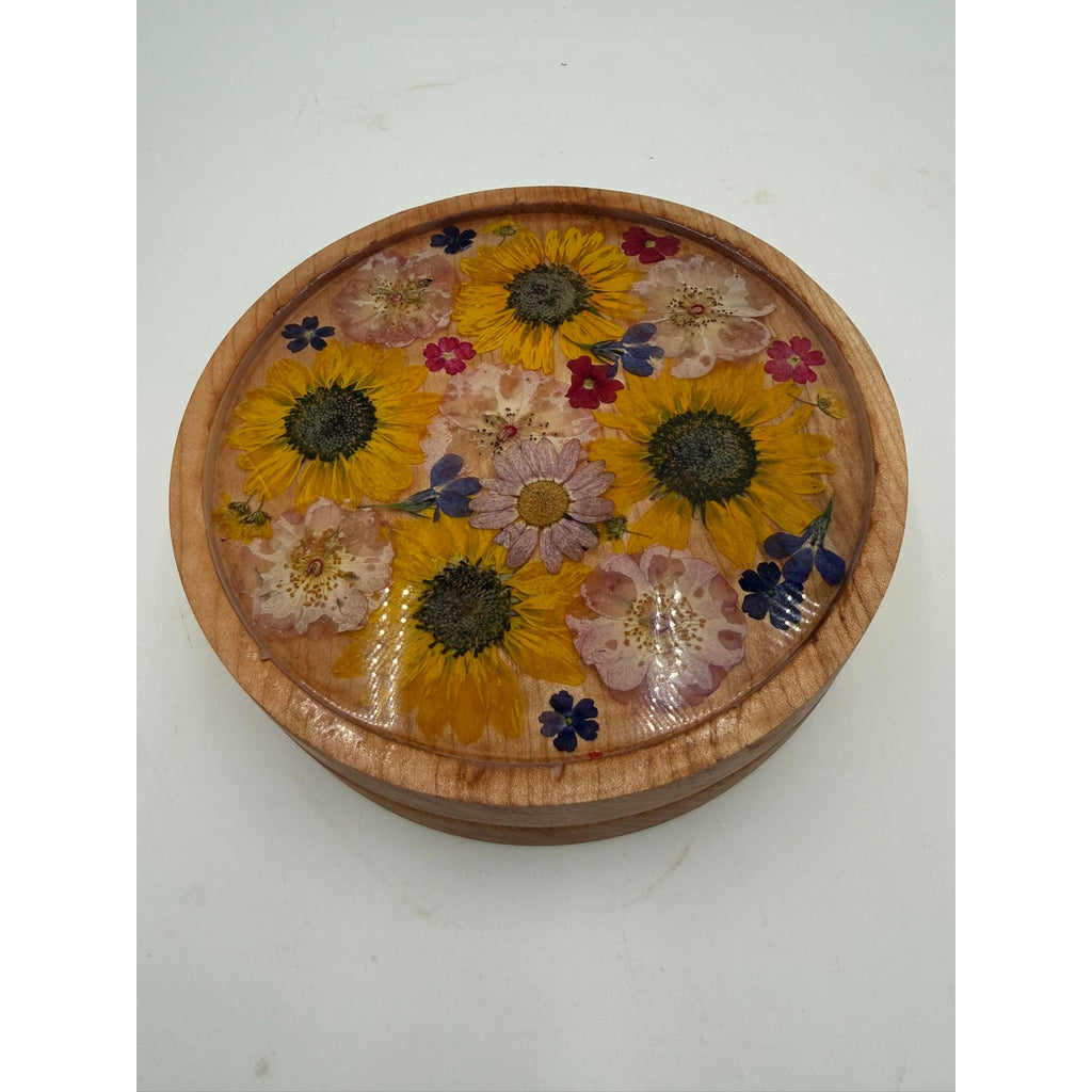 Figured Maple Floral Keepsake Box with Lid, pressed flowers in epoxy inlay, hand turned wood, jewelry storage, 7.75 x 2 in, one of a kind