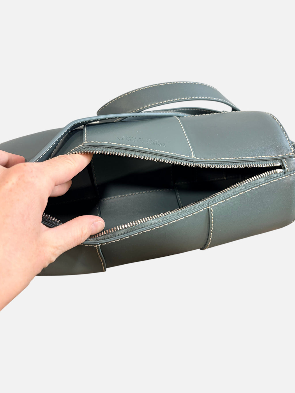CURATED by Kira Bottega Veneta gray leather Canette barrel crossbody bag with open zipper and contrast stitching