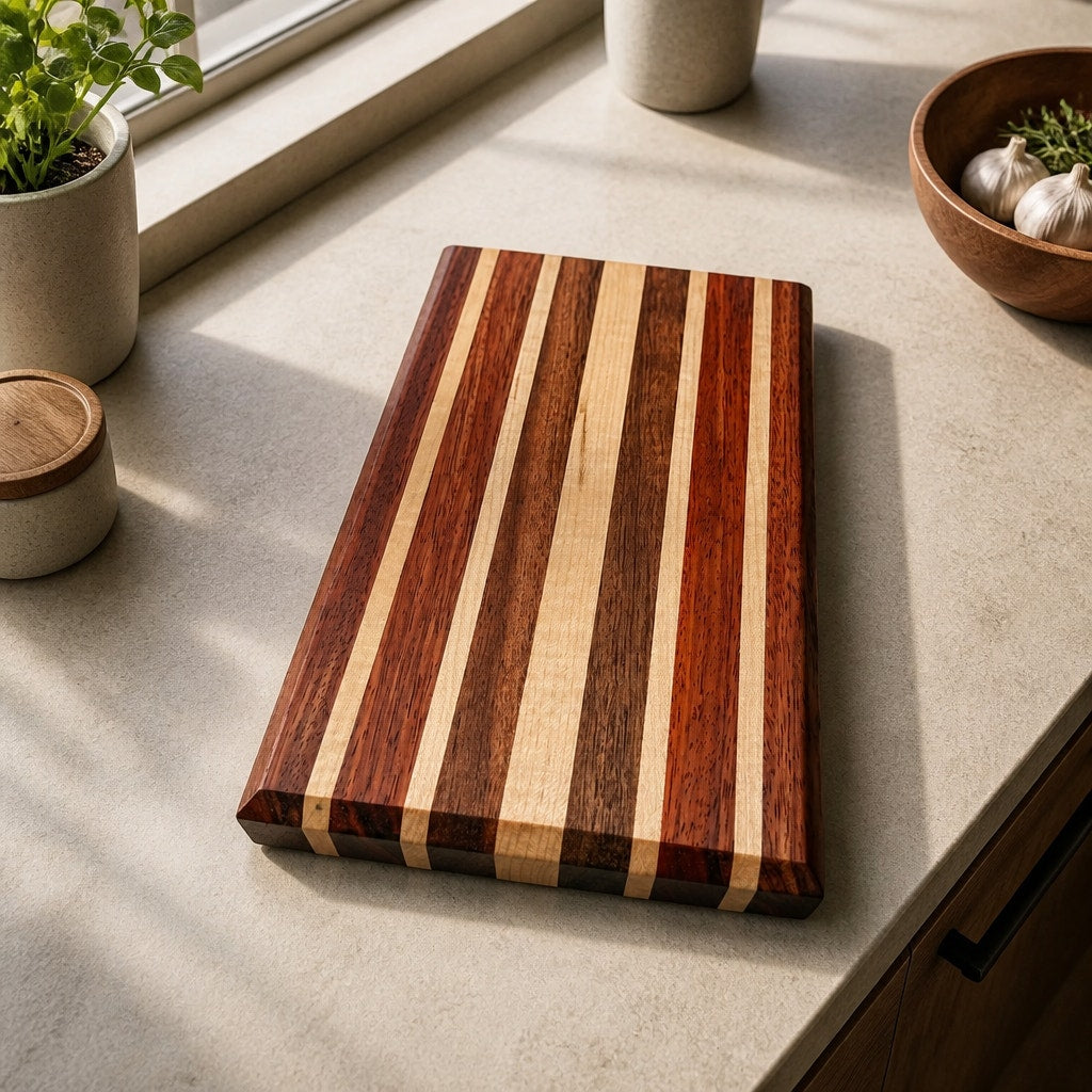 Handcrafted Edge Grain Cutting Board, Padauk Walnut Maple, 11.75 x 7.5 x 1.5 Inches, SKU 1481