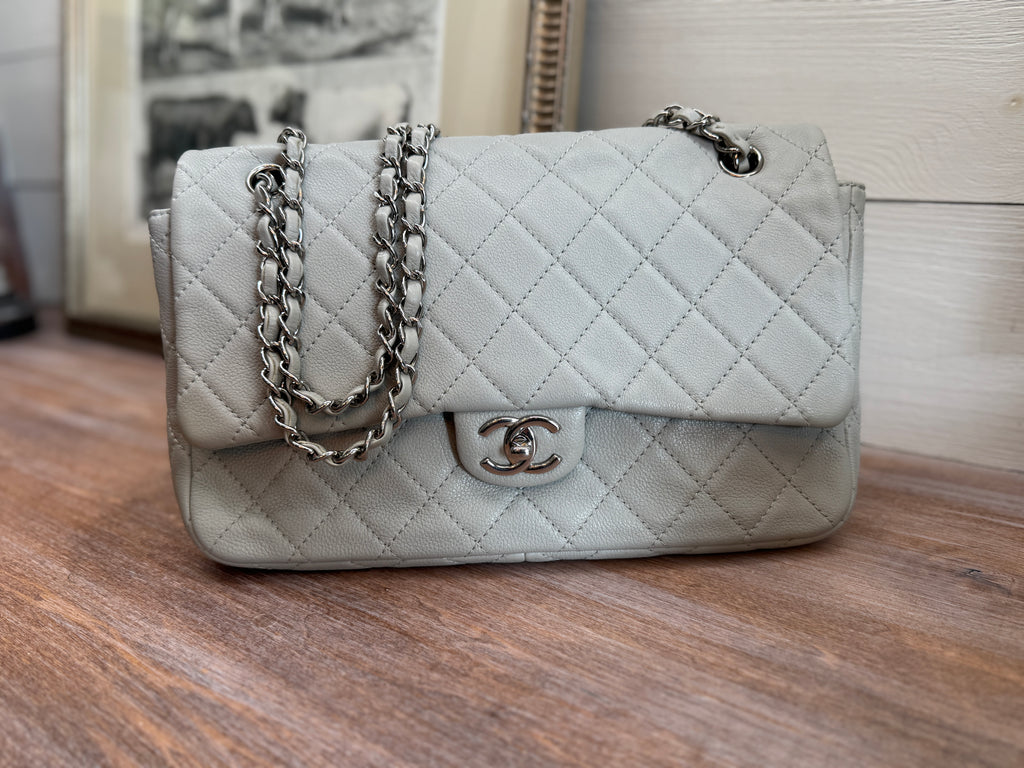 Chanel Single Flap Accordion - Light Gray with Silver Hardware