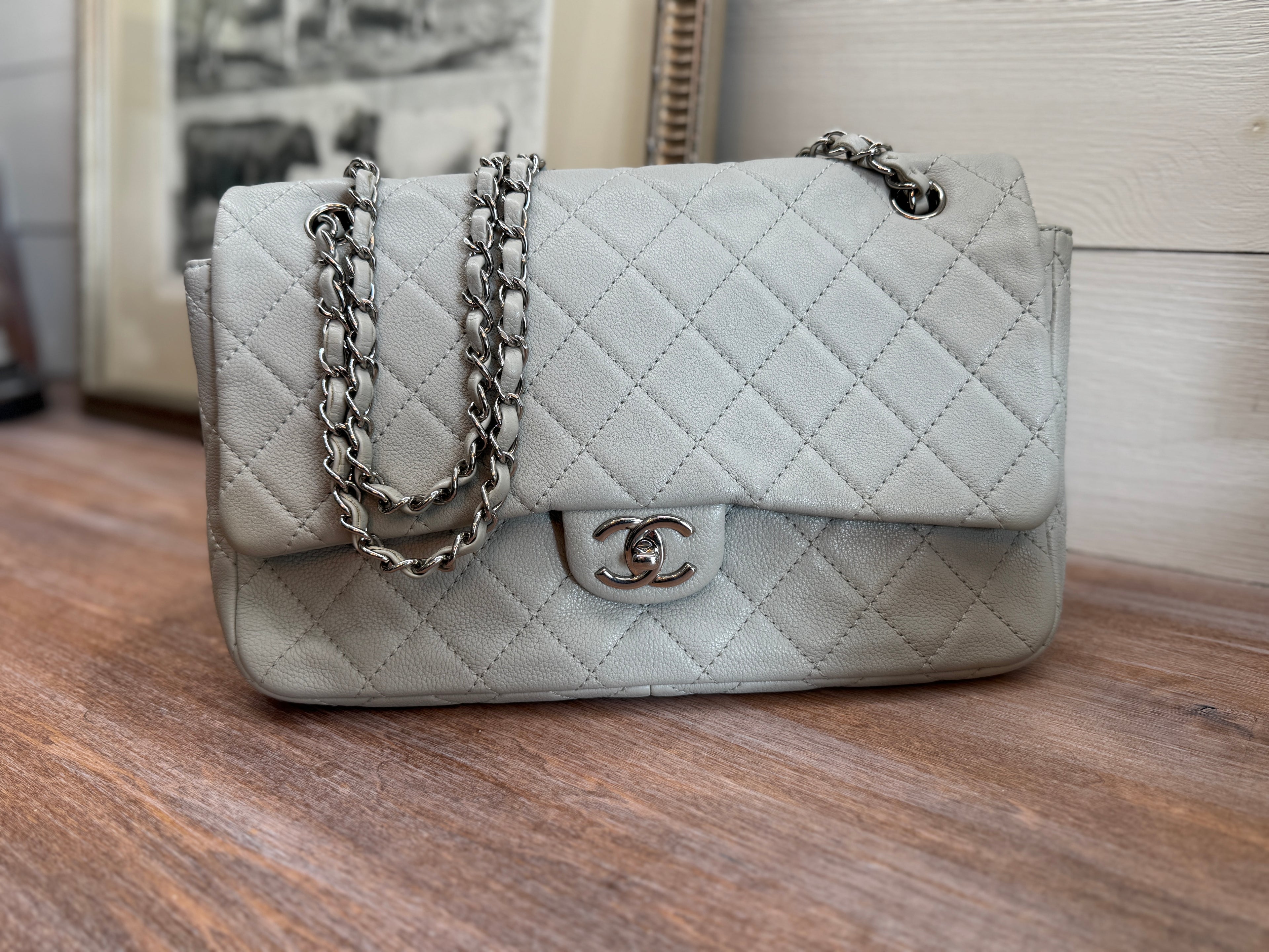Chanel Single Flap Accordion - Light Gray with Silver Hardware