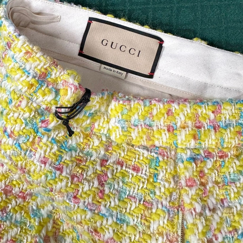 Gucci Yellow Tweed Wool Blend High Rise Shorts GG Buttons NWT Size 46