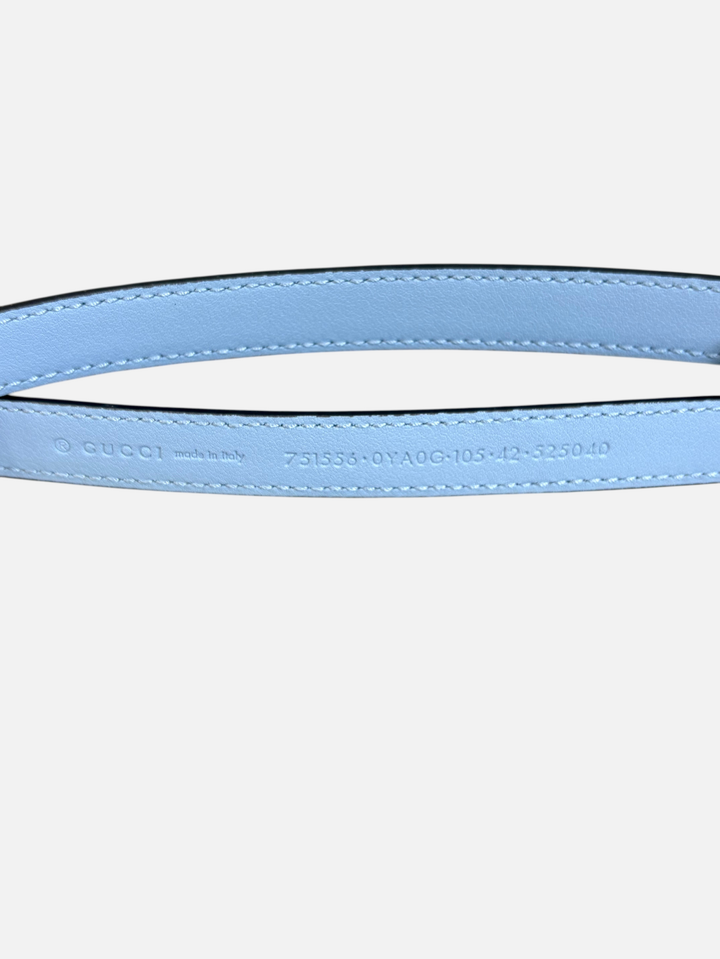 CURATED by Kira Gucci leather belt in Cupid light blue with embossed serial number and made in Italy stamp