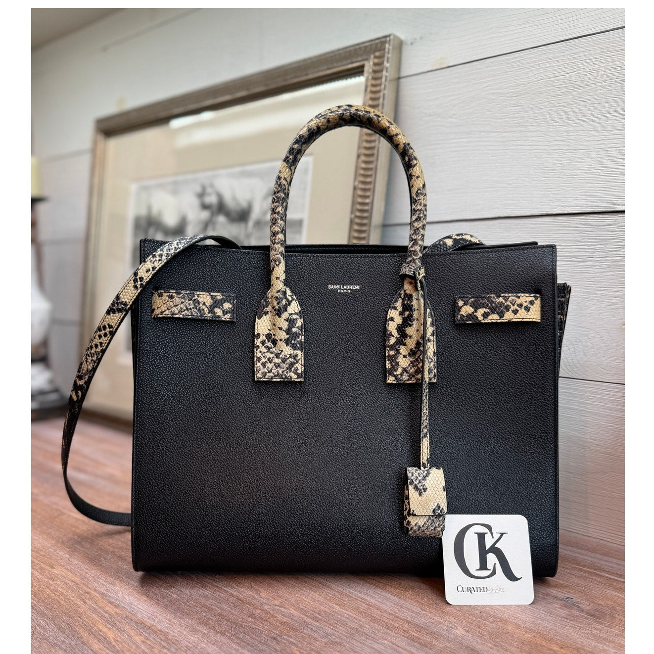 Saint Laurent Black & Snakeskin Sac de Jour Tote Bag - Excellent Condition