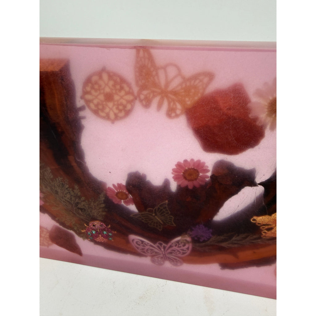 Butterfly Garden Resin Charcuterie Board 12x8, red epoxy art serving tray, embedded wood and florals, ladybug accents, handmade home decor