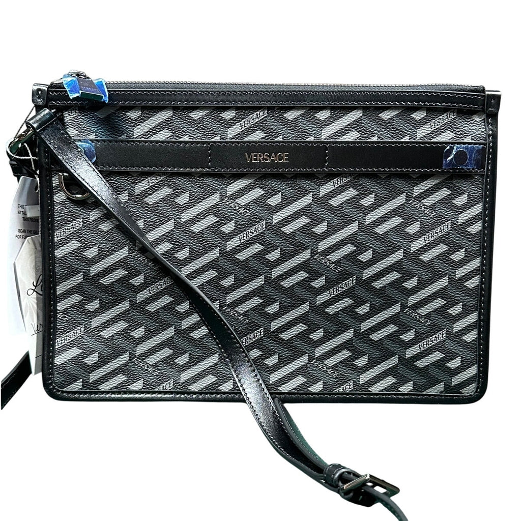 Versace La Greca Leather Messenger Bag Black Grey - New