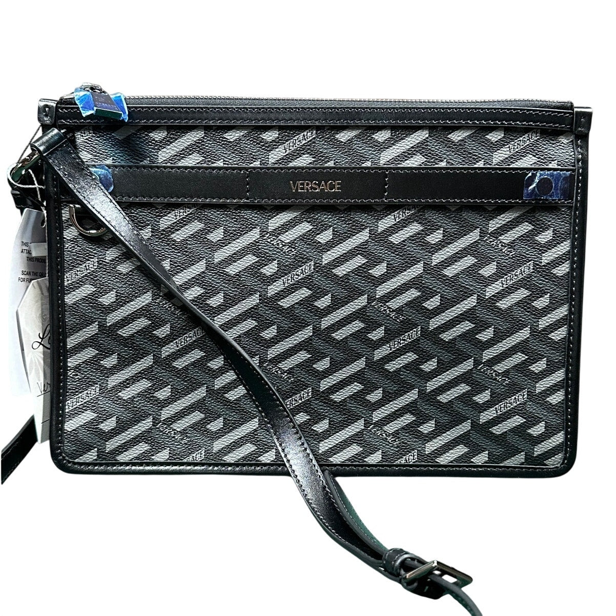 Versace La Greca Leather Messenger Bag Black Grey - New