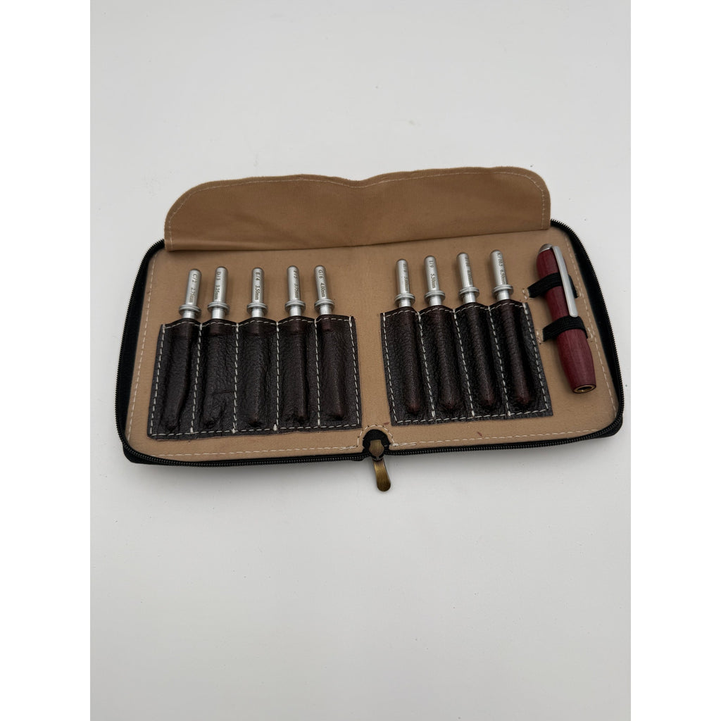 Hand Turned Crochet Hook Set, 9 Sizes, Interchangeable Handle, Leather Case, SKU 1554 1555