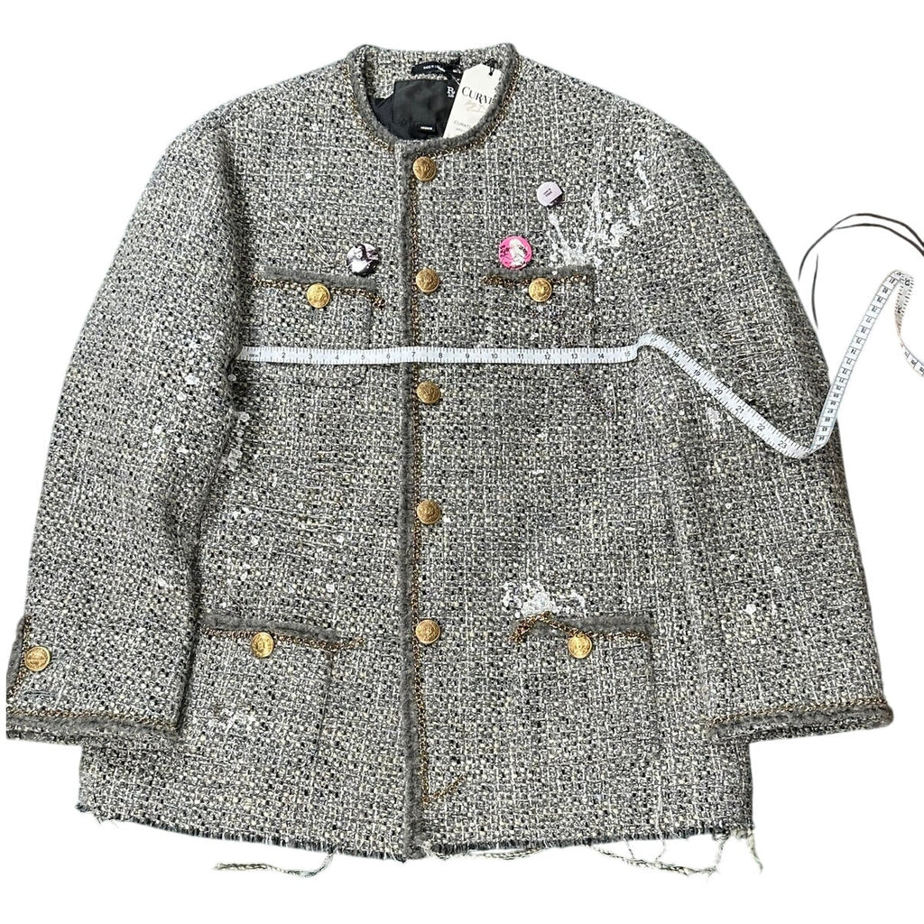 R13 Slouch Embellished Tweed Jacket Gray Oversized Size M