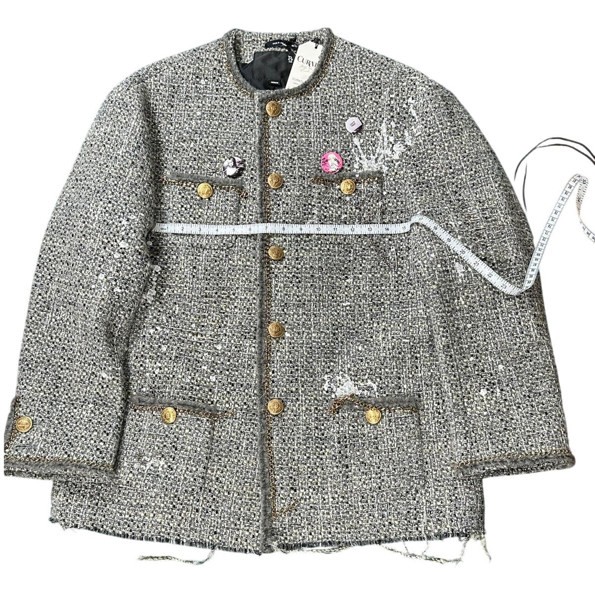 R13 Slouch Embellished Tweed Jacket Gray Oversized Size M