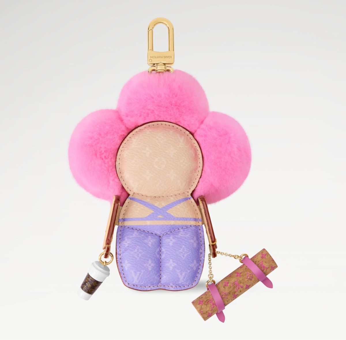 CURATED by Kira Louis Vuitton Vivienne Fashionista Yoga bag charm in pink mink fur and Monogram canvas.