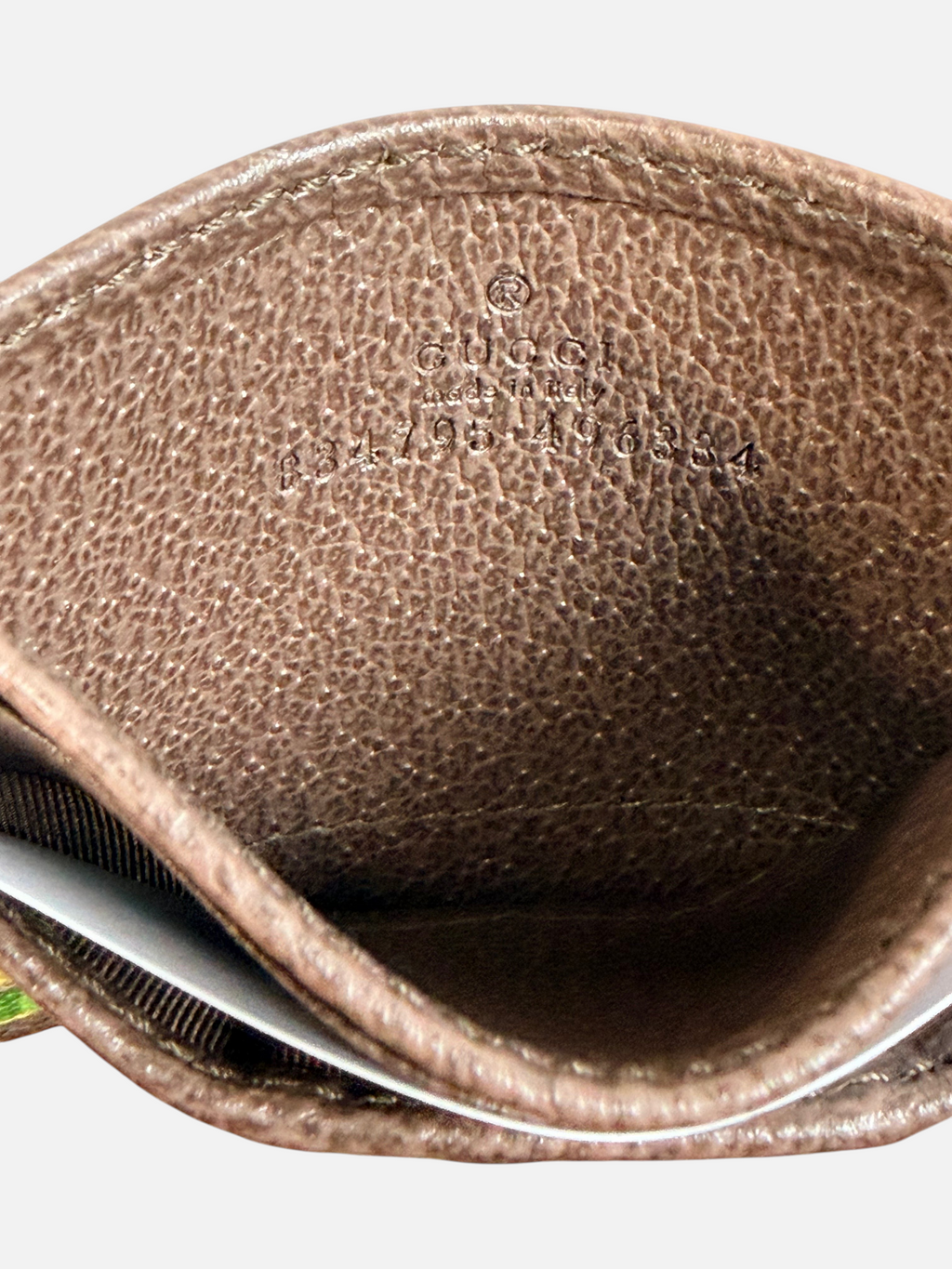 CURATED by Kira Gucci GG monogram cardholder interior with embossed logo and serial number on brown leather