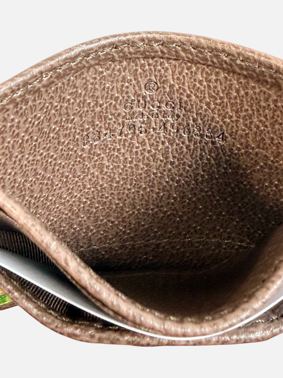 CURATED by Kira Gucci GG monogram cardholder interior with embossed logo and serial number on brown leather