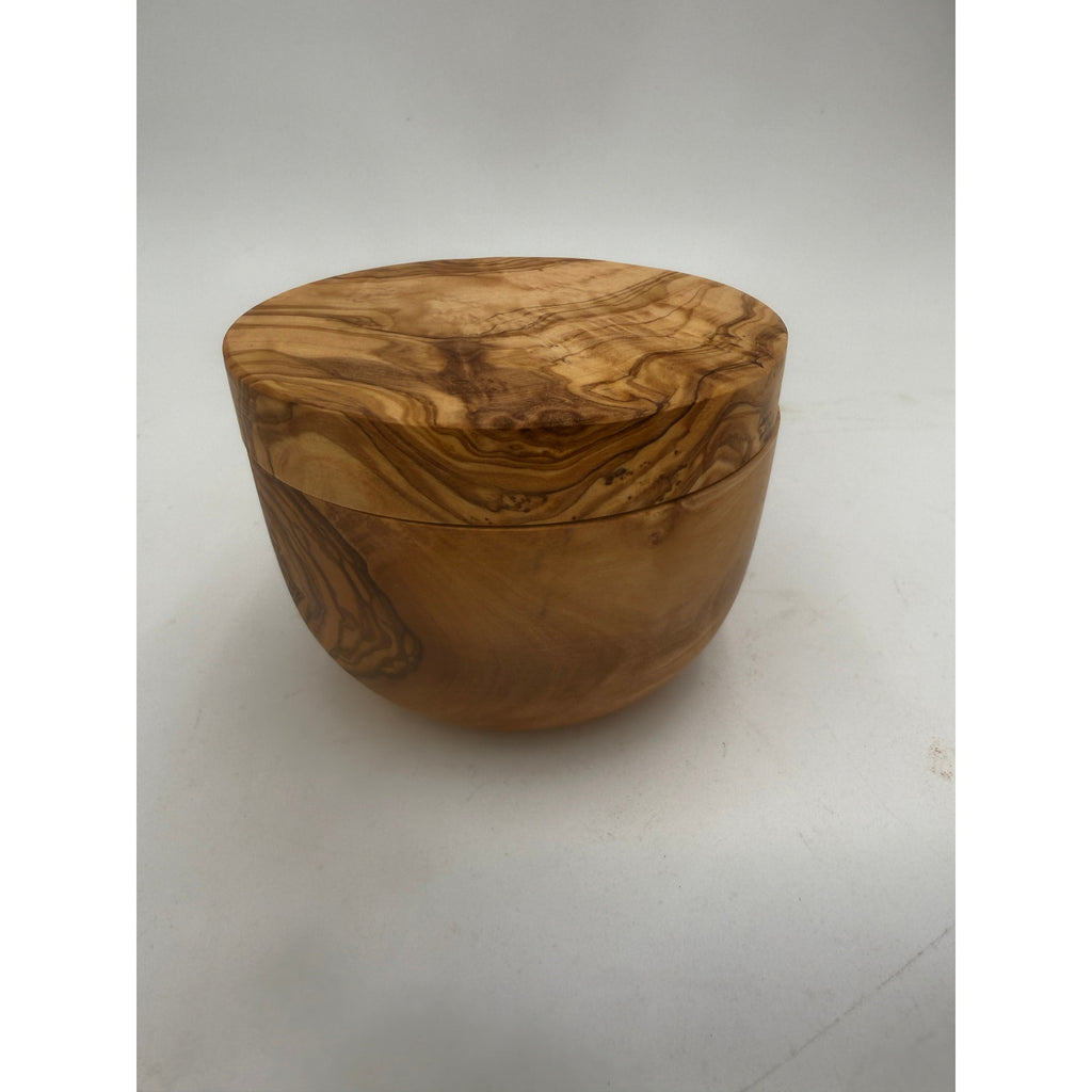 Olivewood Salt Cellar with Swivel Lid, Solid Wood, Hidden Hinge, Magnetic Latch, 4x3 Tall, SKU 1428