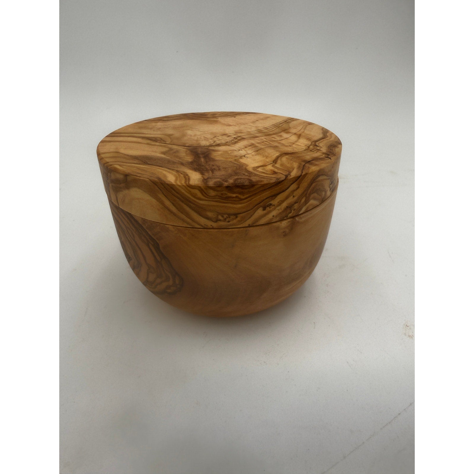 Olivewood Salt Cellar with Swivel Lid, Solid Wood, Hidden Hinge, Magnetic Latch, 4x3 Tall, SKU 1428