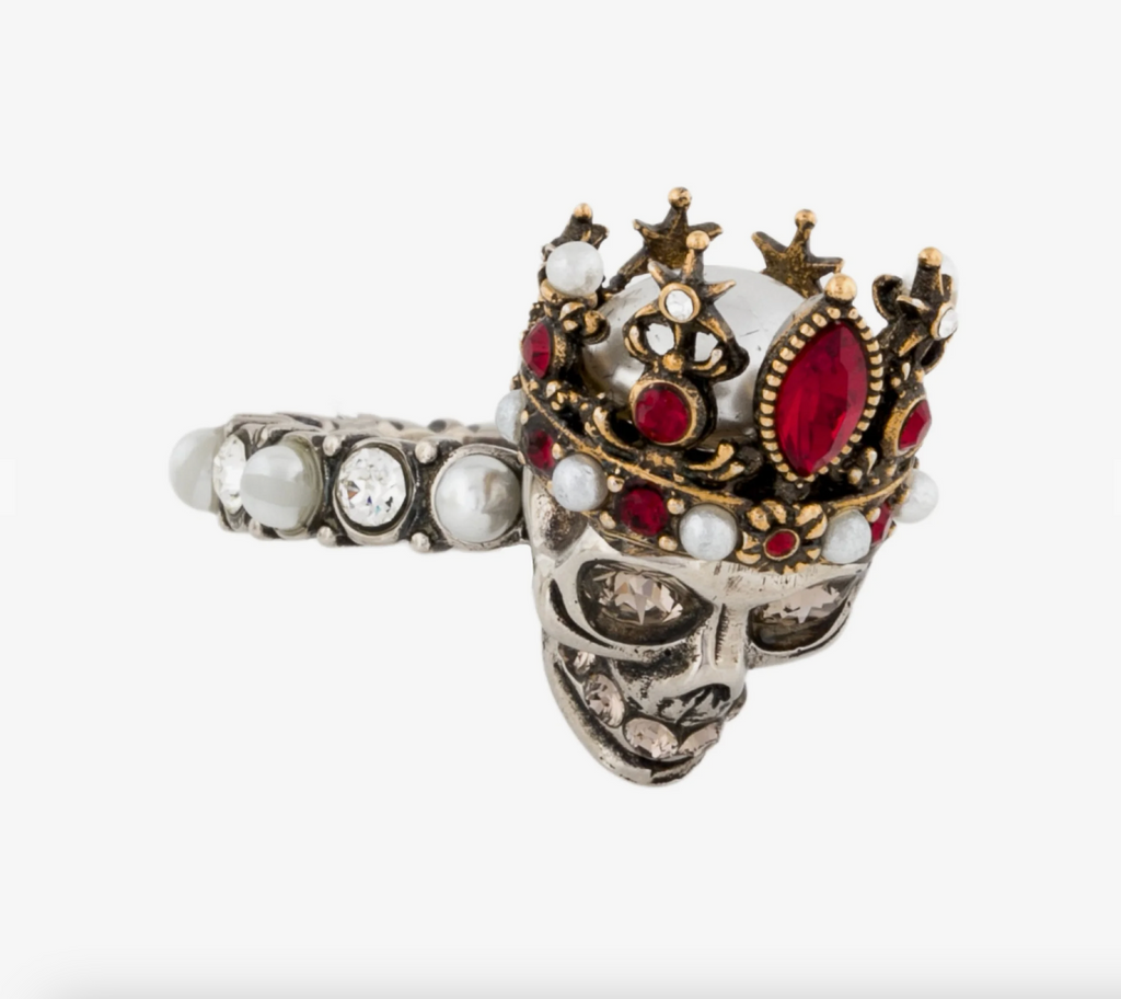 7238 - Alexander McQueen Crystal & Faux Pearl Queen Skull Ring
