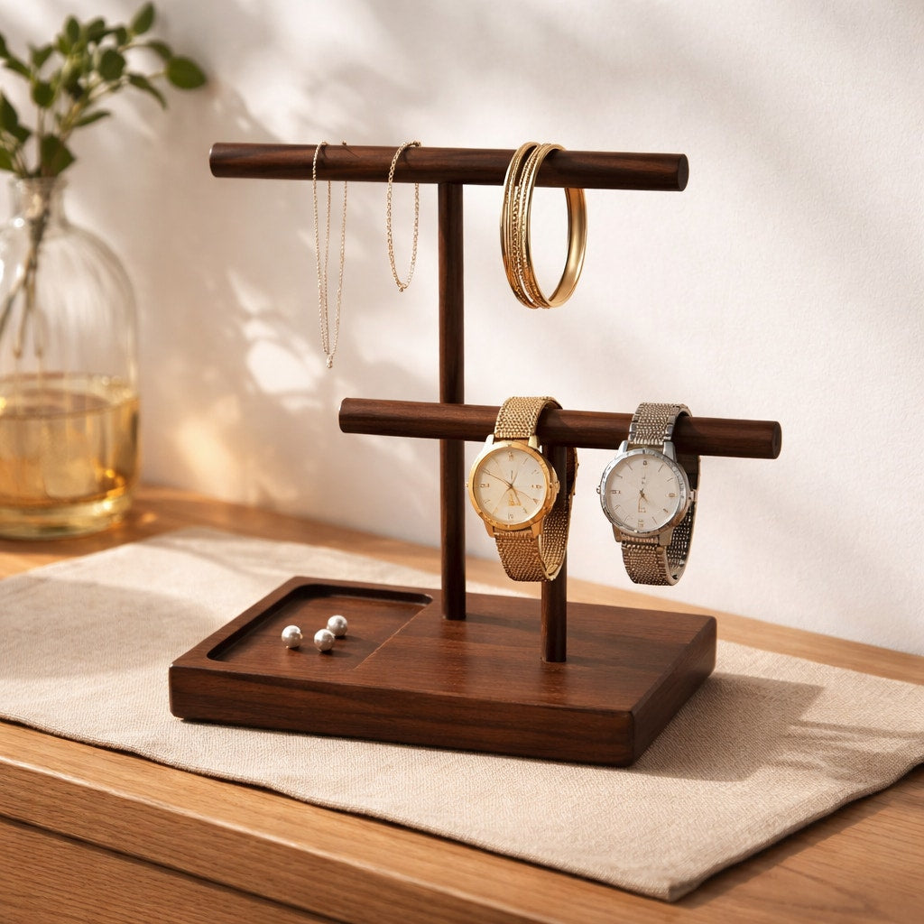 Handcrafted walnut jewelry stand, tiered bars with catchall tray, minimalist organizer