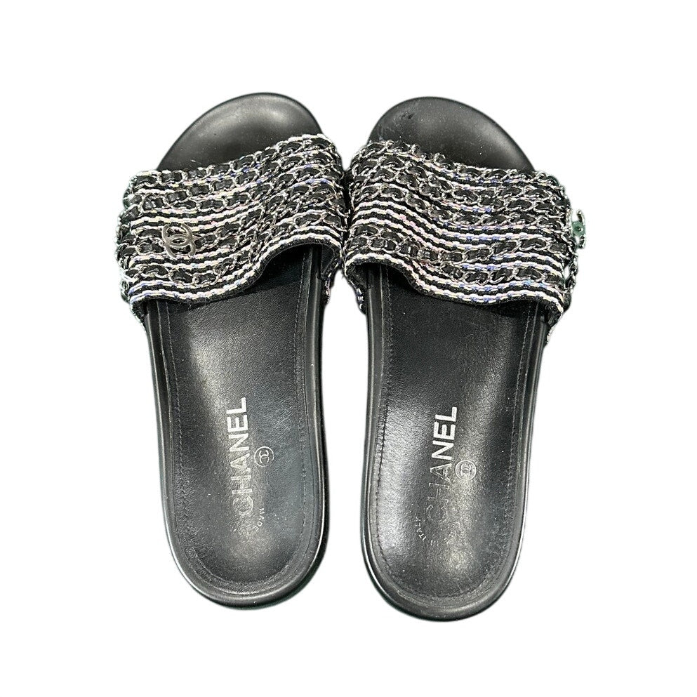 Chanel 2017 Interlocking CC Tweed Slides Chain Logo Sandals 41