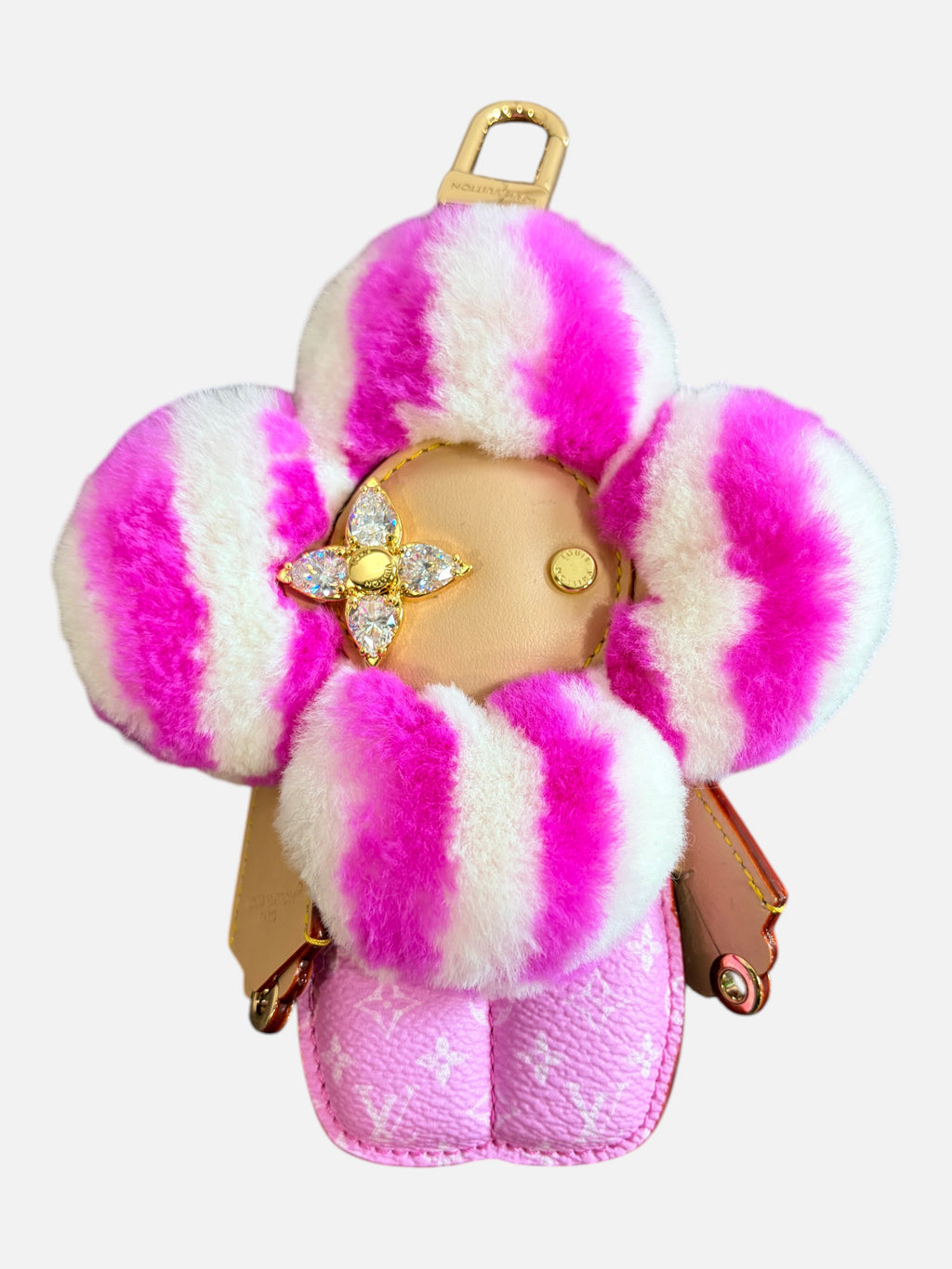 CURATED by Kira Louis Vuitton Vivienne Fashionista bag charm in pink mink fur and leather with gold-toned hardware.
