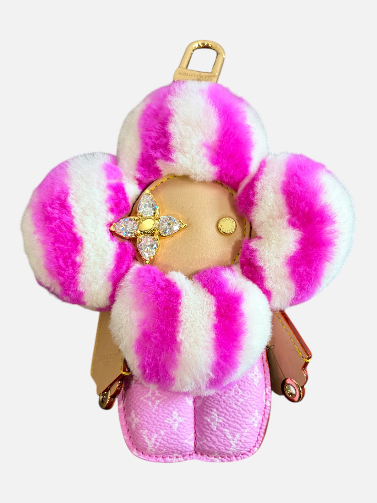 CURATED by Kira Louis Vuitton Vivienne Fashionista bag charm in pink mink fur and leather with gold-toned hardware.