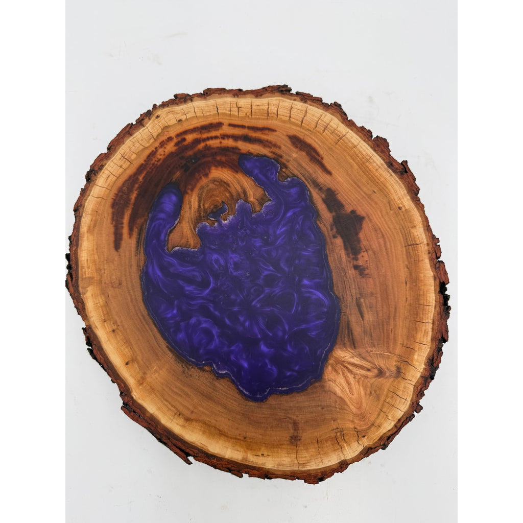 Hollow Cherry Log Charcuterie Board, Purple Epoxy Accents, Natural Bark Edge, 13x12x3, SKU 1416