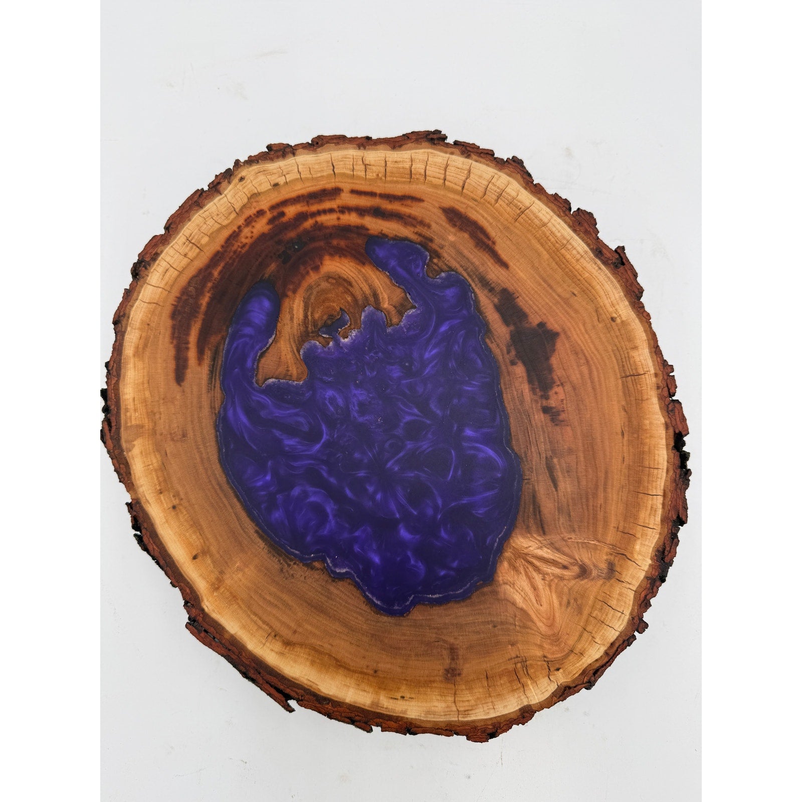 Hollow Cherry Log Charcuterie Board, Purple Epoxy Accents, Natural Bark Edge, 13x12x3, SKU 1416