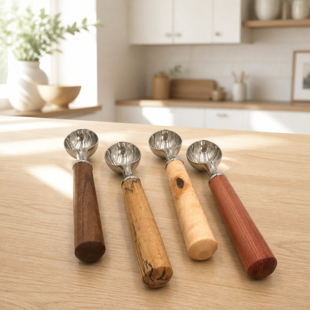 Wood Handle Ice Cream Scoop Kitchen Tool, Stainless Steel Hardware, 8 Inch Long, SKU 1438 1439O 1440 1441